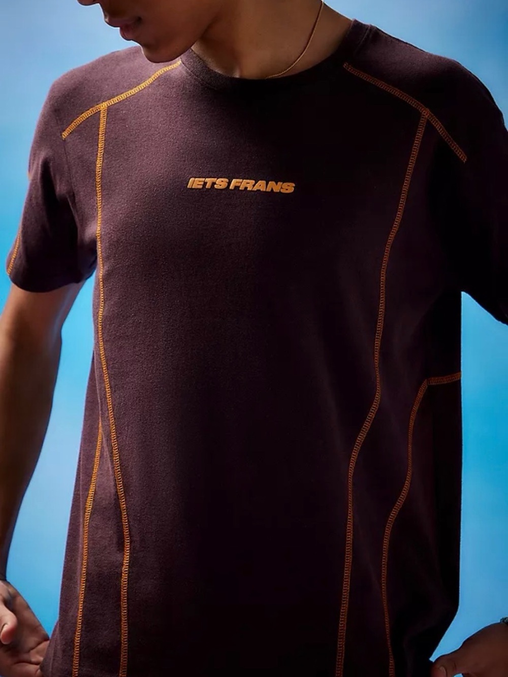 IETS FRANS Brown Crewneck T-Shirt with Yellow Stitching